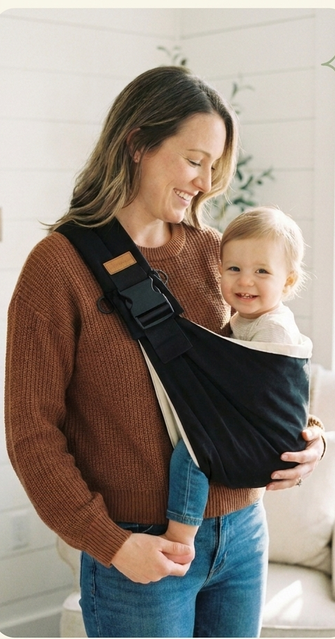 Parent carrying a baby in the Nalubaby sling