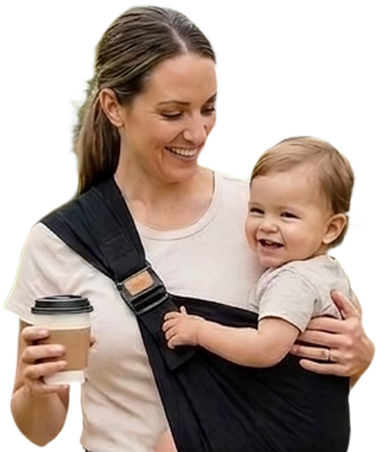 Parent carrying a baby in the Nalubaby sling, one hand free
