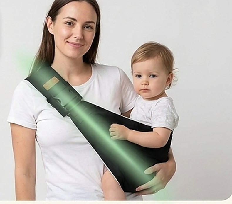 Nalubaby sling: the weight spreads from shoulder to opposite hip